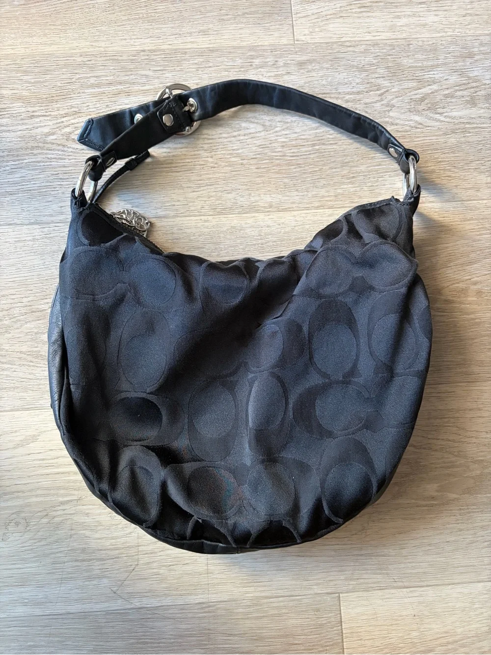 Coach Black Logo-Print Hobo Bag with Leather Trim